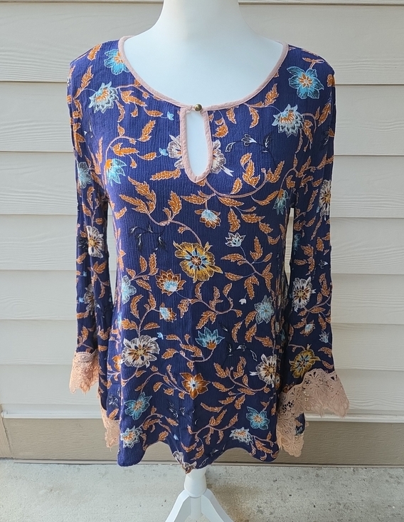 Kori Tops - Kori America Blue Floral Rayon Blouse Lace Cuff Long Sleeve Medium
